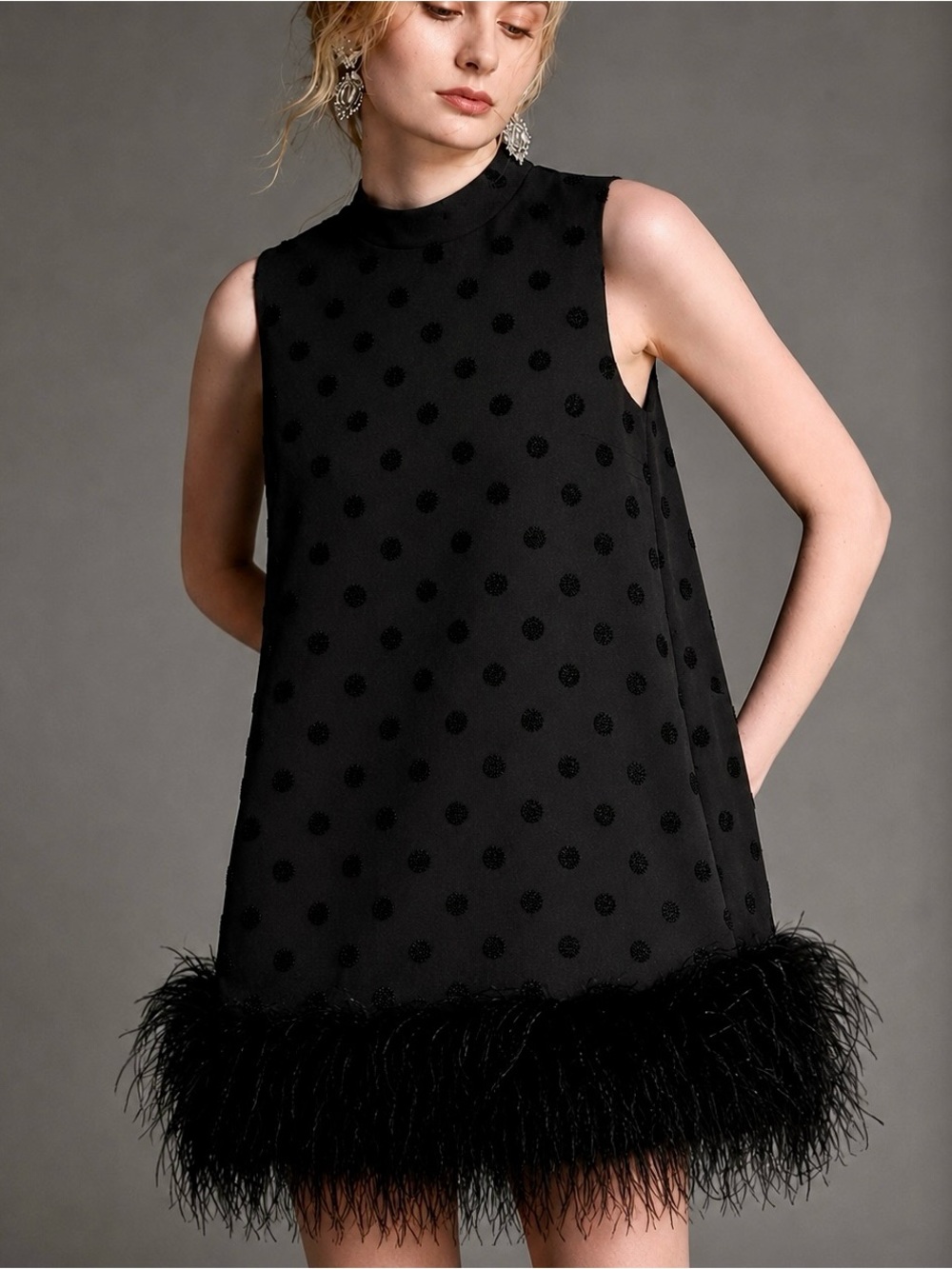 A Pea in the Pod Black Polka Dot Cocktail Dress with Feather Hem